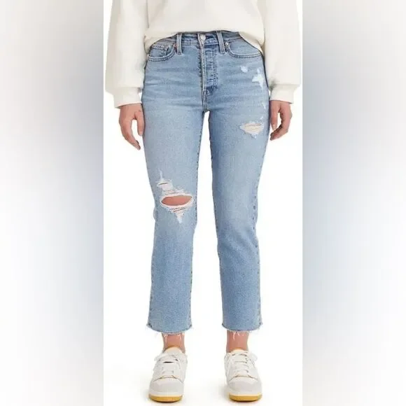 Levi’s Womens High Rise Wedgie Straight Leg Raw Hem Denim Blue Jeans - Picture 6 of 12